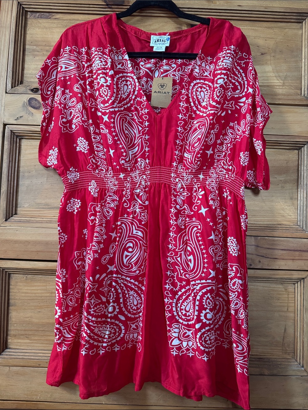 Ariat Red Paisley Bandanna Print V-Neck Smocked Waist Tunic